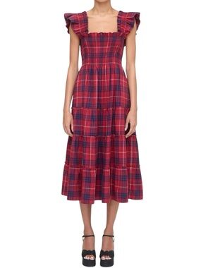 Hill House Home Ellie Nap Dress Cherry Tartan Plaid Smocked Midi Pockets S
